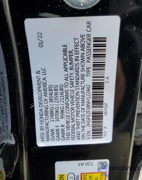 2022 Honda Civic Sport из США, поврежденный, VIN 2HGFE2F52NH527715